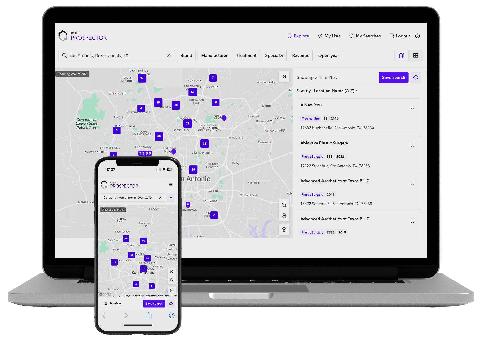 A map listing Medical Aesthetics businesses in the San Antonio, TX area from Qsight’s Prospector application.