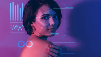 Composite image of a young woman with charts & graphs representing aesthetic industry trends