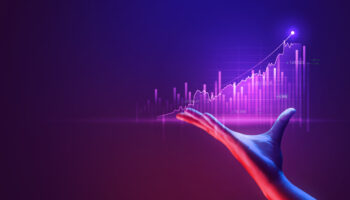 A hand hovers below a rising bar chart, representing holding the power of real-time data analytics for medical aesthetics