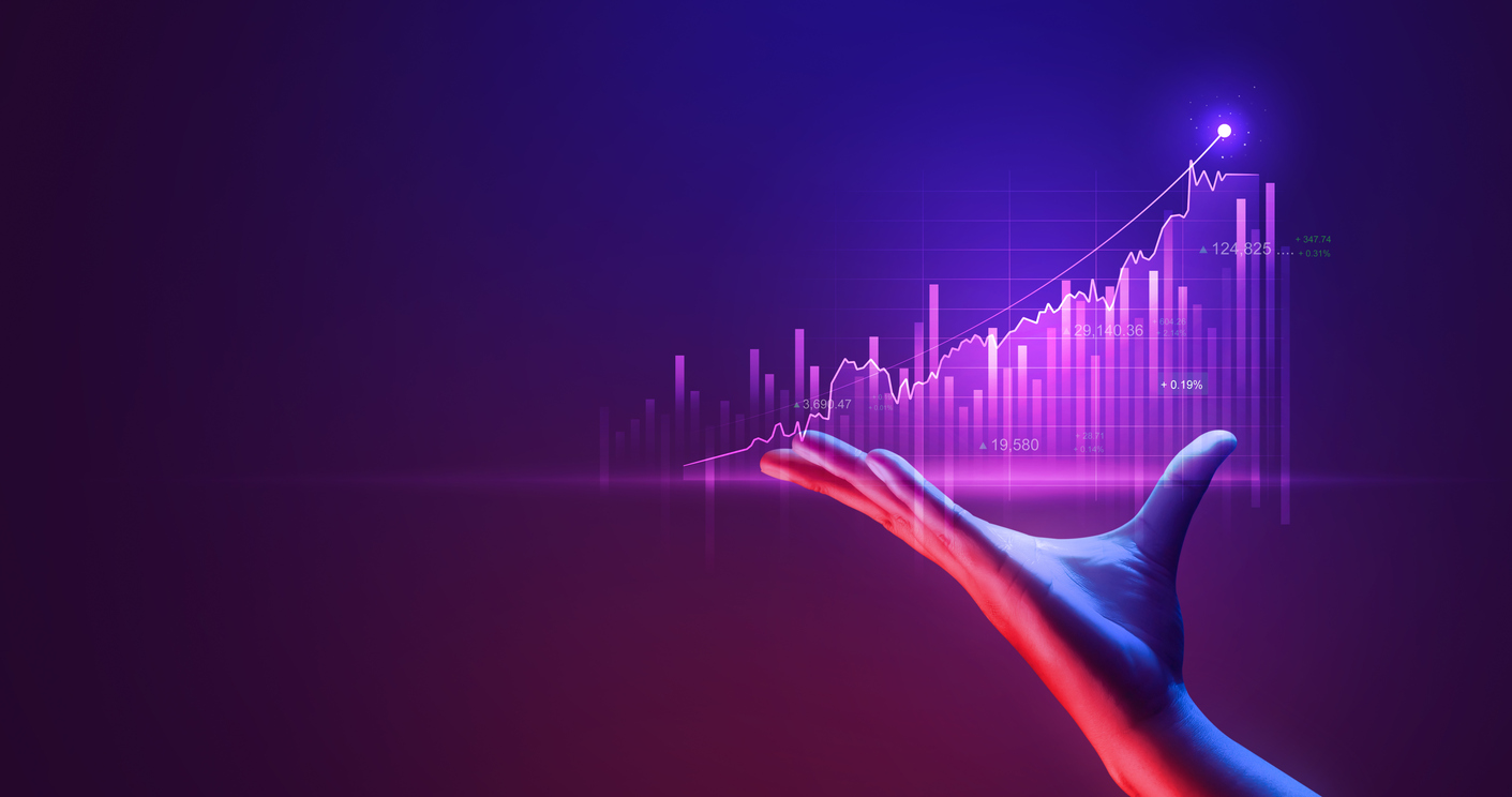 A hand hovers below a rising bar chart, representing holding the power of real-time data analytics for medical aesthetics
